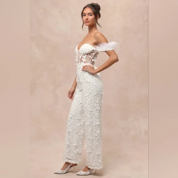 Lulus Midnight Sparkle White Mesh Embroidered Feather Bustier Jumpsuit XL Bridal - Picture 4 of 9